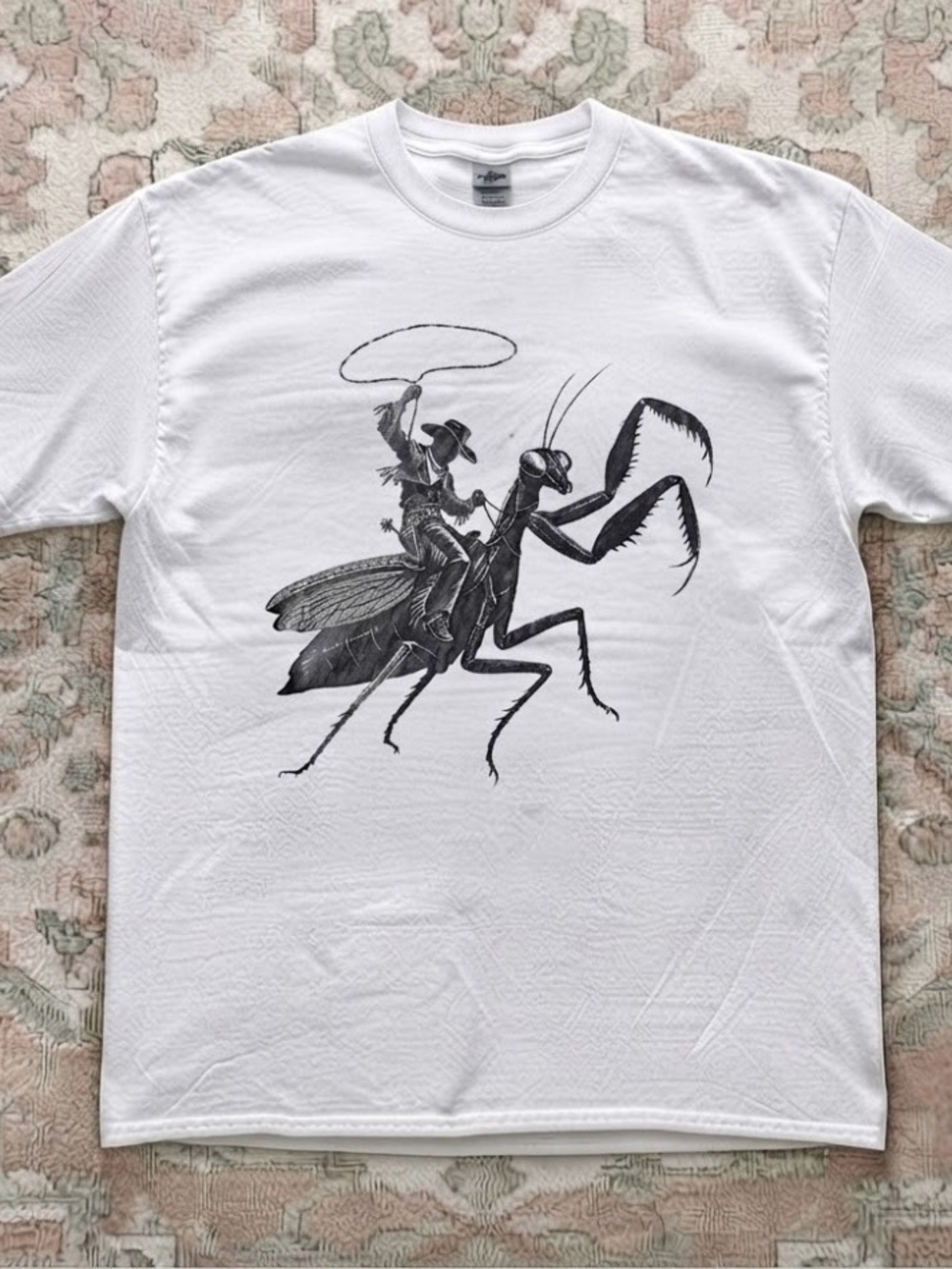 Cowboy Riding Praying Mantis Western Insects Vintage Surreal Art T-Shirt